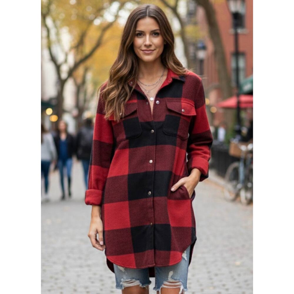 BB Dakota Red Black Buffalo Plaid Snap Front Long Sleeve Shirttail Hem‎ Jacket S
